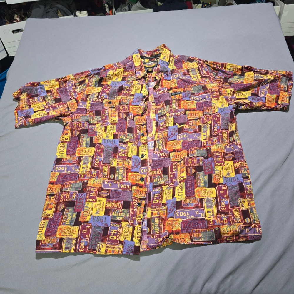 Harley-Davidson Button Up Shirt Mens XL Tall License Plate Print Rayon